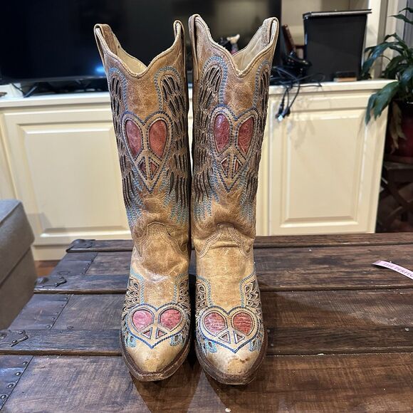 Corral Shoes - Corral Vintage Heart Angel Wings Peace Sign Western Cowboy Boot Leather 10 M